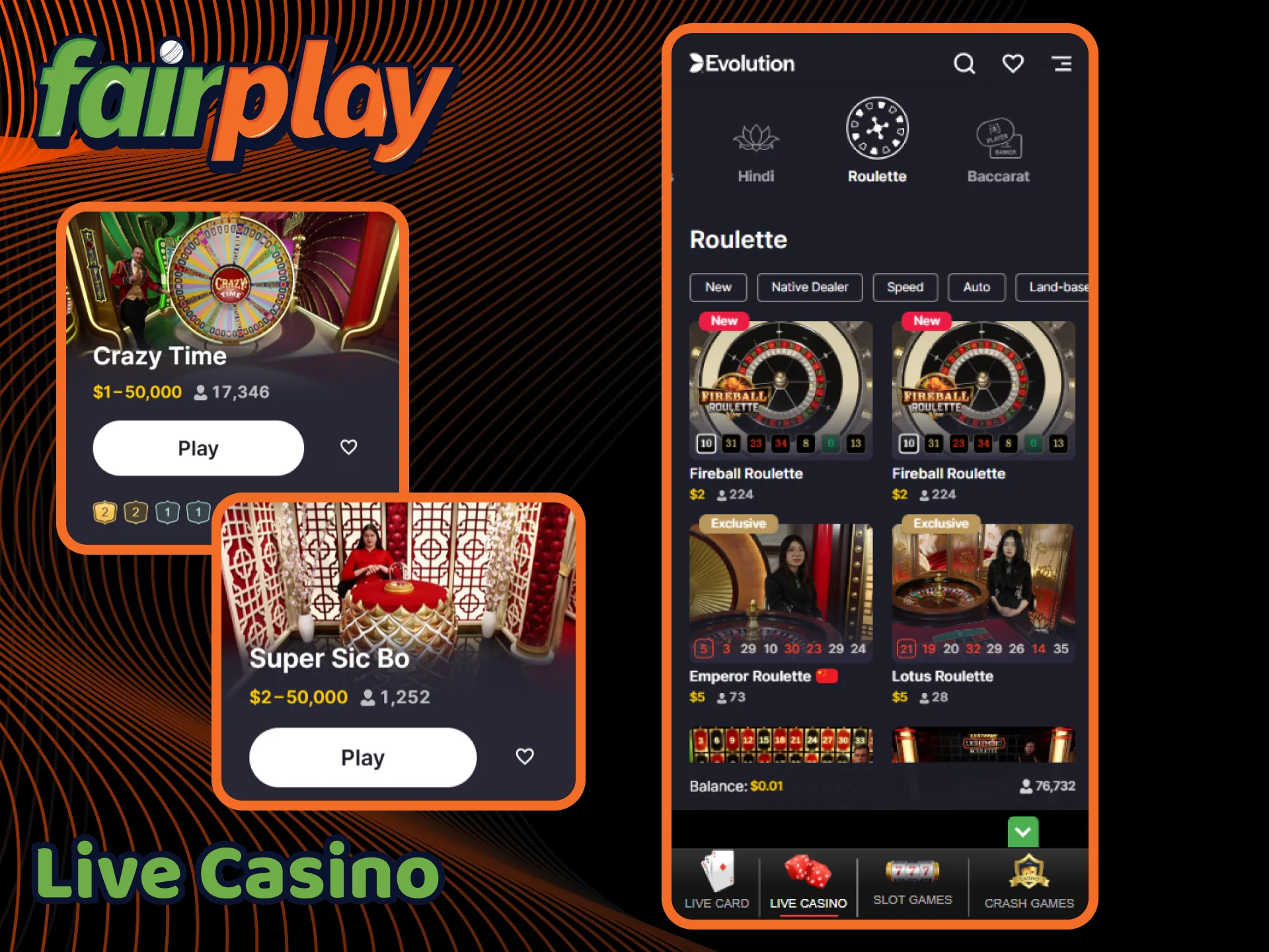 Take a look at the live casino section integrated into the FairPlay app.