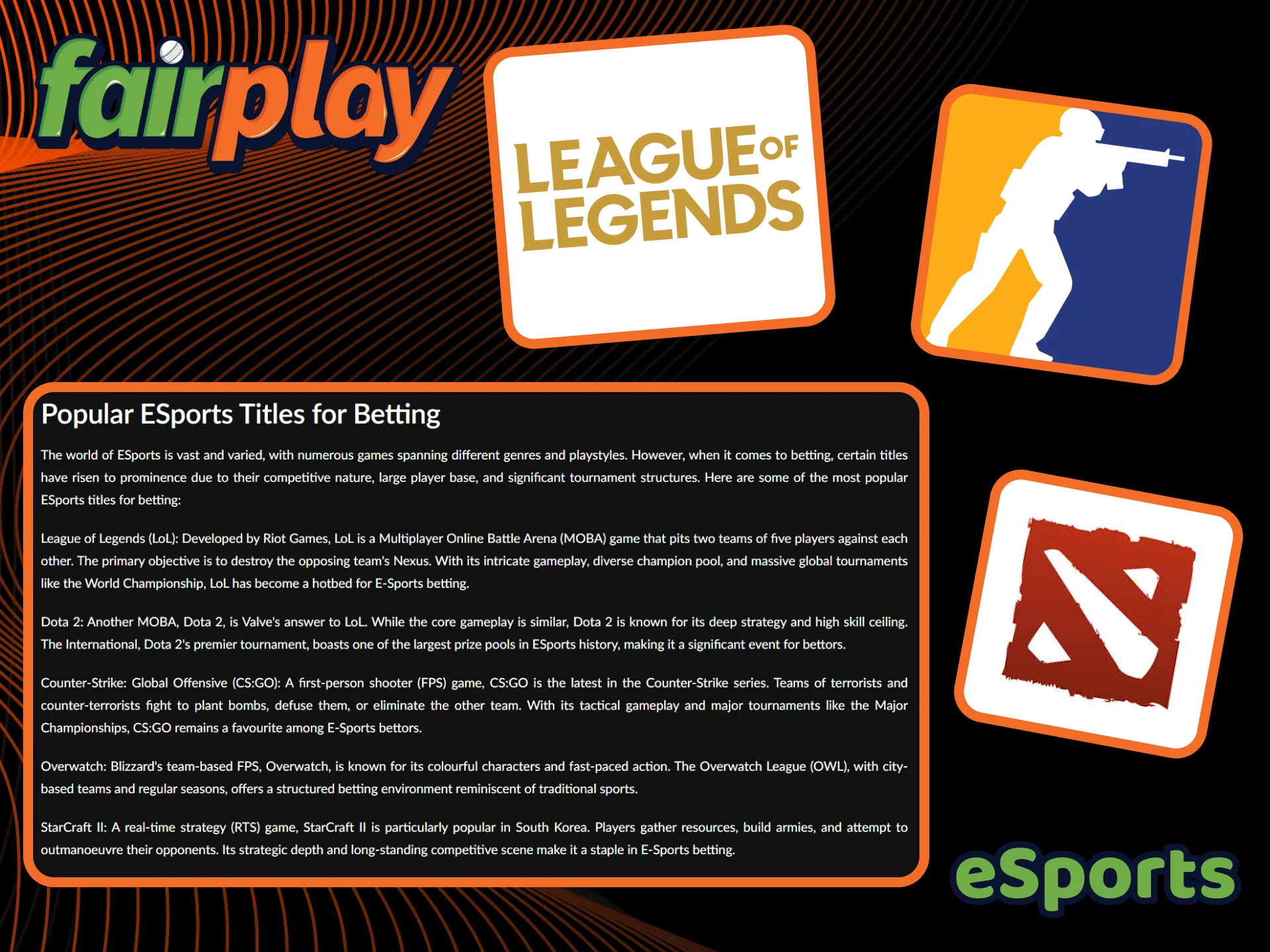 Dive into the FairPlay eSports section and bet on the most popular competitive gaming titles.